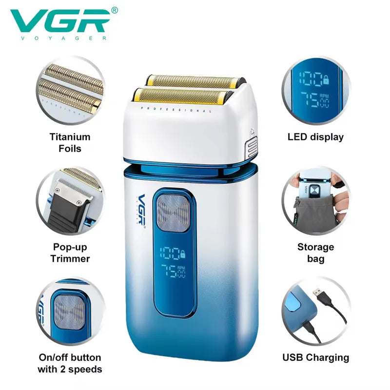 VGR 362 – Rasoir Électrique Professionnel – Coupe Ultra Nette | Barbe & Crâne | Recharge USB